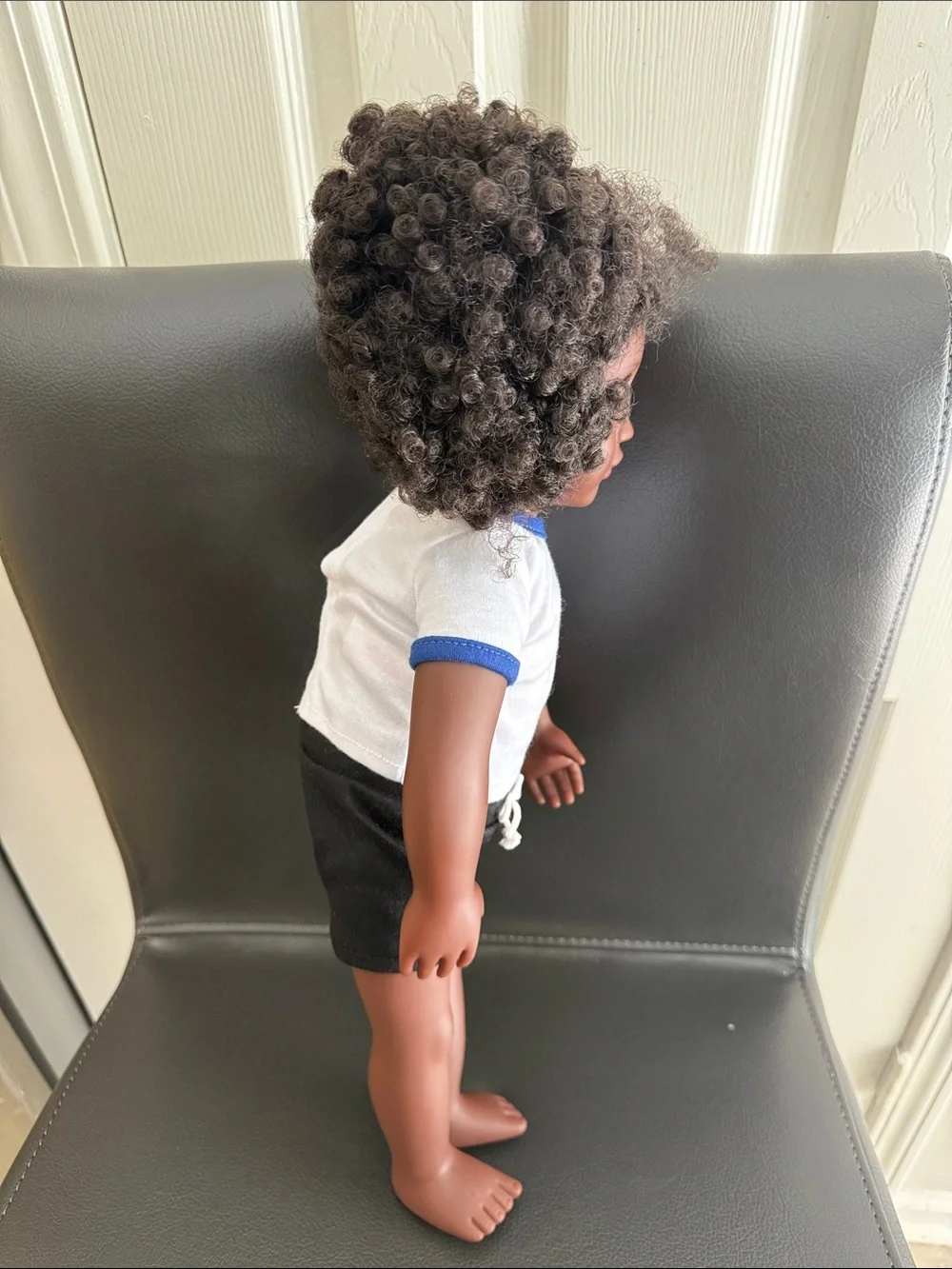 Classic Girls' Doll with Curly Hair - Black Skin, White & Blue Outfit